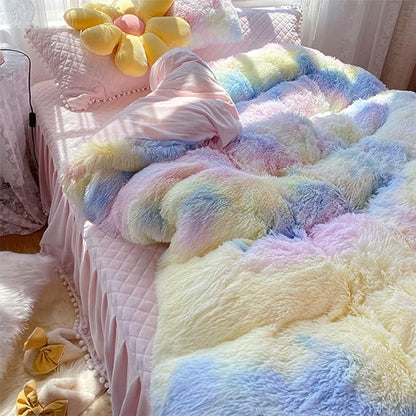 Faux Fur Kids Girls Sunshine Rainbow Comforter Sets Twin/Full - 3PC Bed Set Warm Comfortable Soft Plush Flannel Velvet Fluffy Fuzzy Bedding（Comforter x 1 Pillowcases x 2）