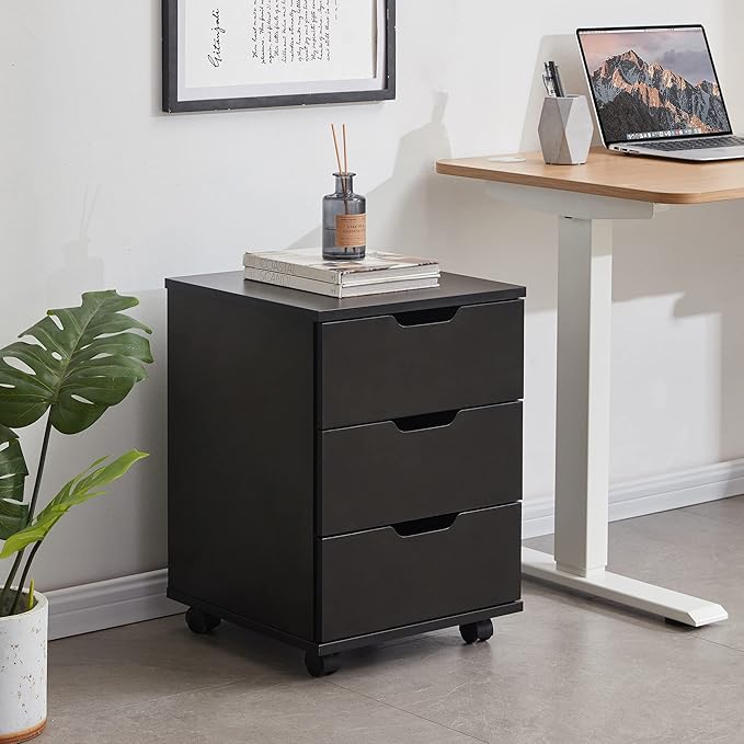 Farini 3-Drawer Vertical Filing Cabinet Rolling Wood Mobile File Cabinets Under Desk for Home Office with Casters (Black, Non-Assembled)