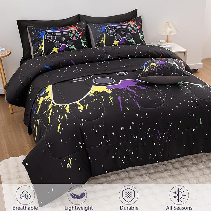 8Pcs Gamer Comforter Set with Sheets for Boys Girls Kids Teens, Colorful Graffiti Gaming Themed Bed in A Bag Queen Size, Black 3D Video Game Controller Bedroom Decor Bedding Set-Black