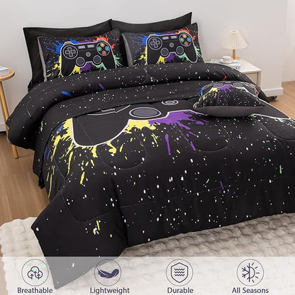 8Pcs Gamer Comforter Set with Sheets for Boys Girls Kids Teens, Colorful Graffiti Gaming Themed Bed in A Bag Twin Size, Black 3D Video Game Controller Bedroom Decor Bedding Set-Black