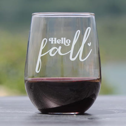 Hand Etched Hello Fall Stemless Wine Glass 17oz, Cozy Autumn Drinkware, Seasonal Glassware, Thanksgiving Hostess, Decor Accent