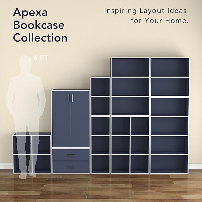 Apexa 6 Cube Storage Organizer Shelves, Stackable Wood Bookcase Fits Cubby Bins for Organization, Dorm Teen Room Decor & Home Office, Steel Blue