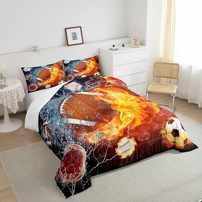 Erosebridal Football Comforter Set Full Rugby Sports Bedding Set for Teen Boys Kids,Soccer Basketball Baseball Comforter Red Blue Water Fire Lightning Quilt Duvet Insert Bedroom Decor 2 Pillow Cases