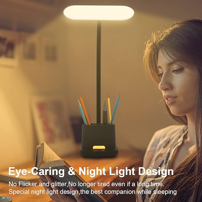 DEEPLITE Desk Lamp,Desk Light for Home Office,Battery Operated,Rechargeable,Pen Holder,800LM 3 Colors Dimmable Adjustable Study Lamp,Cordless Reading Lamps for Dorm Bedrooms.