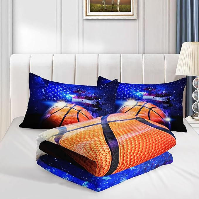 Datura home Kids Comforter Set Basketball Printed Pattern Bedding Set with 1 Comforter and 2 Pillowcases for Girls Boys Bedroom All Season(Basketball Full)
