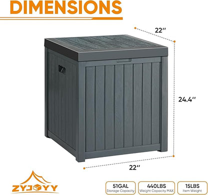 51 Gallon Resin Deck Box, Outdoor Storage Box Waterproof for Patio, Garden, Pool, and Deck, Storage Solution for Cushions, Tools, Delivery Packages, Grey