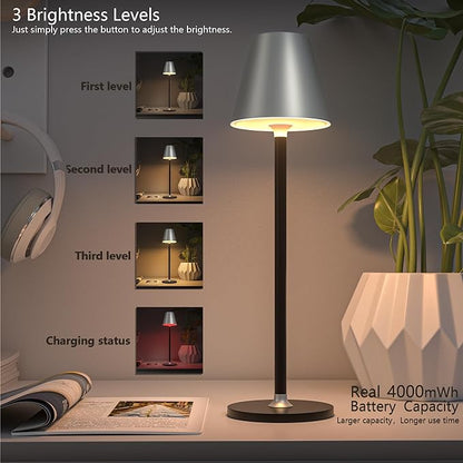 Modern LED CordlessTable Lamp,4000mAh Rechargeable Battery Desk lamp,3 Level Brightness Night Light, Metal Shell,Minimalist Design, for Couple Dinner/Coffee Table/Restaurant/Bedroom(Sliver&Black)