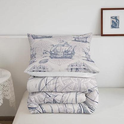 Nautical Comforter Set Sailboat Down Comforter Twin,Blue White Vintage Style Quilted Duvet Set Luxury Anchor Crab Pattern Bedding Insert Set for Kids, Adult Teen Boys Girls Bedroom Ocean Beach Decor