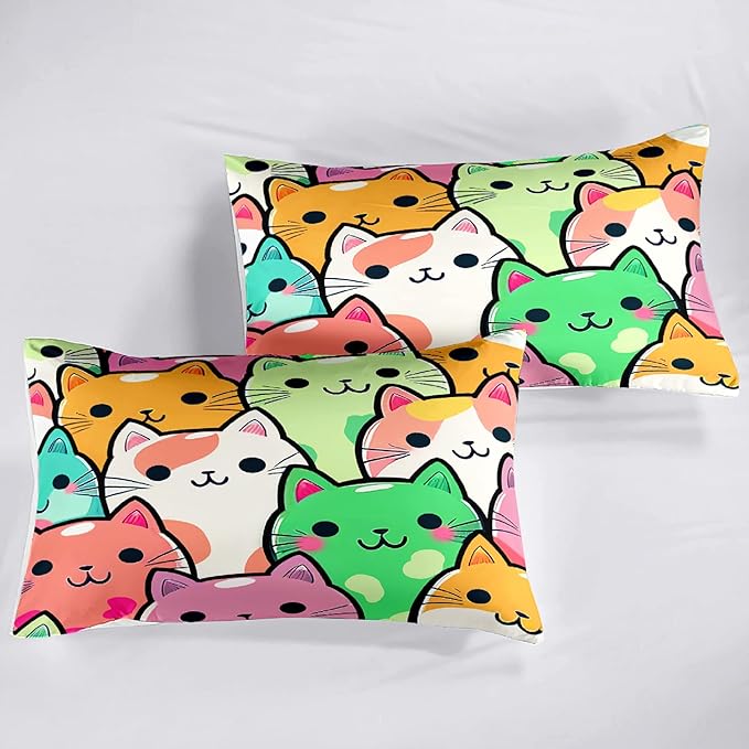 Cat Bedding Queen Size - Cat Comforter Set for Kids Girls Cartoon Cat Bedding Set Room Decor Teens Queen Comforter Sets for Girls, 1 Comforter+2 Pillowcases
