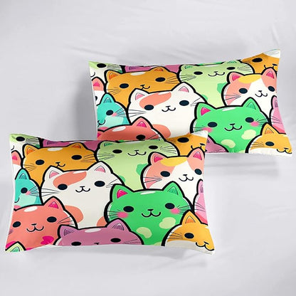 Cat Bedding Set - Full Size Comforter, 2 Pillowcases for Girls, Soft Breathable Polyester, Machine Washable, Cat Themed Bedding for Kids Room Decor, Birthday & Holiday Gift