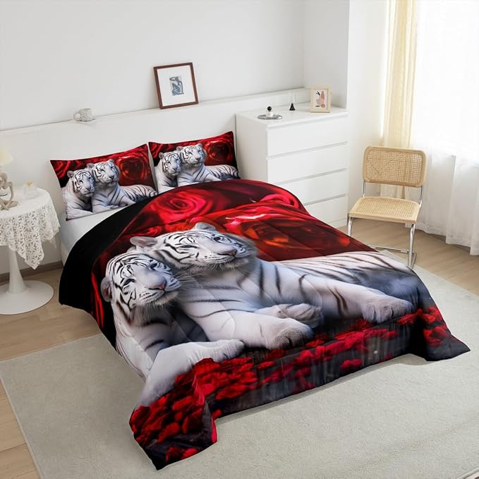 Tiger Comforter Set Full, Red Rose Down Comforter Kids Girls Women,Red Image of Large Cat Playing with Water Cool Nature Animal Quilted Duvet Insert Gorgeous Floral Flower Bedding Comforters,Brown