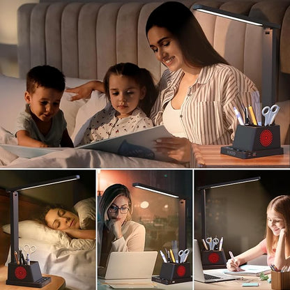 LED Desk Lamp for Home Office with USB A+C Charging Port Touch Control Reading Table Lamp Small Desk Lamp with Pen Phone Holder 3 Color Modes 4 Dimmable RGB Auto Timer 60min for Home, Office, Dorm