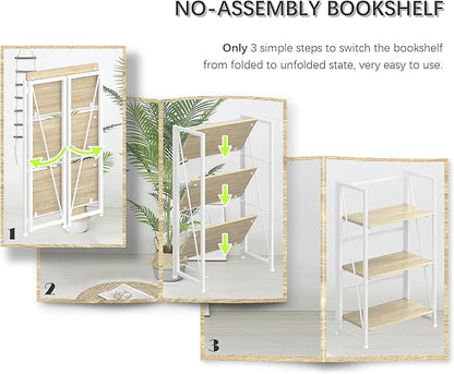 4NM No-Assembly Folding Bookshelf Storage Shelves 3 Tiers Vintage Bookcase Standing Racks Study Organizer Home Office (Natural and White)