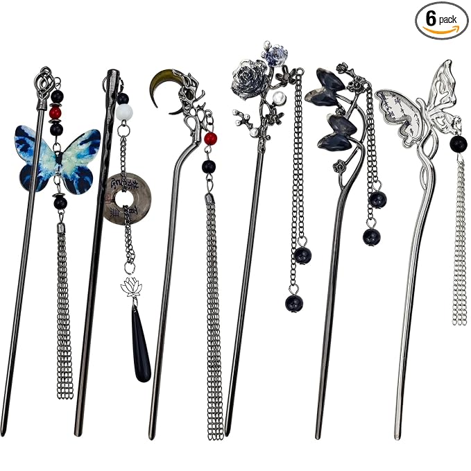 6PCS Chinese Hair Sticks Set, Black Japanese Hair Stick with Pearl Flower Butterfly Design Metal Hair Chopsticks Hair Bun Updo Holders Long Thick Hair Accessories for Women
