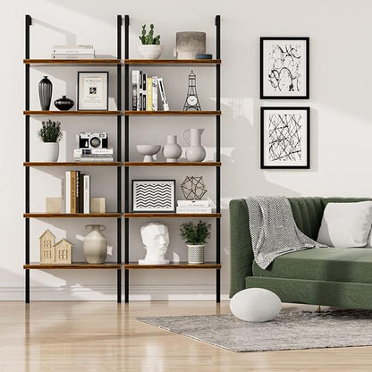 NUMENN 5 Tier Book Shelf, Industrial Ladder Shelf, Open Space Wall Mount Bookshelf with Metal Frame, Sturdy Book Shelves, Bookcase for Living Room, Home Office Shelf, Vintage Brown
