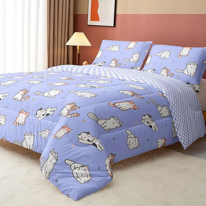 Datura home Purple Kawaii Cat Comforter Bedding Set for Girls Kitten Purple Print Cute Animal Pattern Bedding Set with 1 Comforter and 2 Pillowcases for Girls Bedroom All Season(Cat Purple Full)
