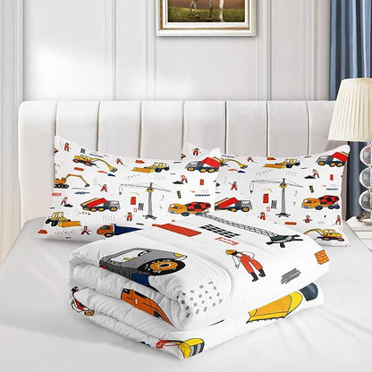 CVHOUSE Tractor Bedding Sets for Boys,Excavators Comforter Twin,Boys Cartoon Truck Comforter Set,Trucks Tractors Cars Quilt Set with 1 Comforter and 2 Pillow Cases- 3 Piece