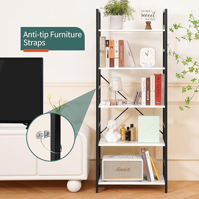 Yoobure 5 Tier Bookshelf - Tall Book Shelf Modern Bookcase for CDs/Movies/Books, Rustic Book Case Industrial Bookshelves Book Storage Organizer for Bedroom Home Office Living Room White