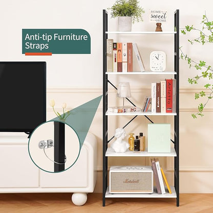 Yoobure 5 Tier Bookshelf - Tall Book Shelf Modern Bookcase for CDs/Movies/Books, Rustic Book Case Industrial Bookshelves Book Storage Organizer for Bedroom Home Office Living Room White