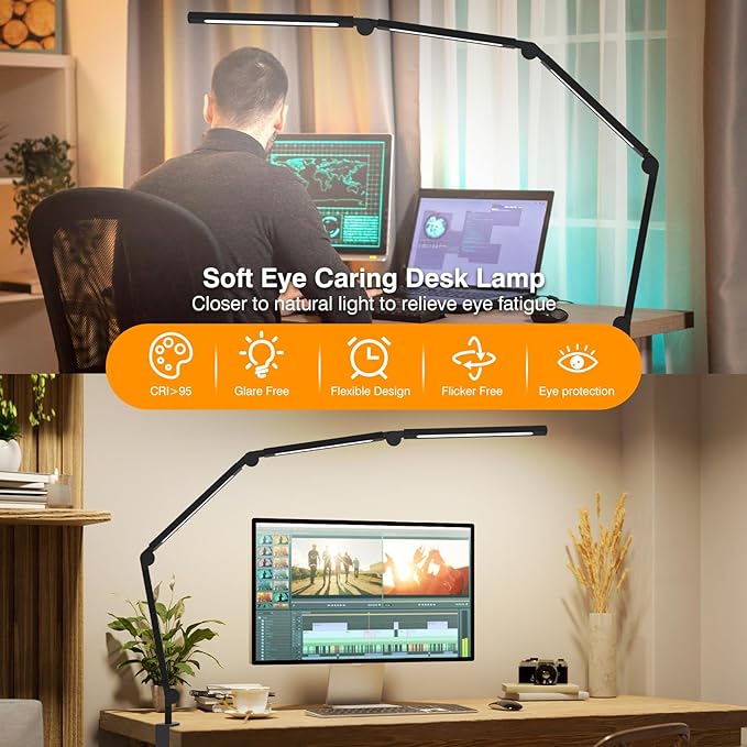 LED Desk Lamp with Clip, Multi-Angle Flexible 4-Segment 3-Light Source Office Desk Lamp, Clip-on Eye-Care 4 Color Temperature Modes&5 Brightness, Table Lamp for Home Office Studio Study Nail