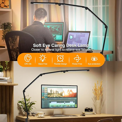 LED Desk Lamp with Clip, Multi-Angle Flexible 4-Segment 3-Light Source Office Desk Lamp, Clip-on Eye-Care 4 Color Temperature Modes&5 Brightness, Table Lamp for Home Office Studio Study Nail