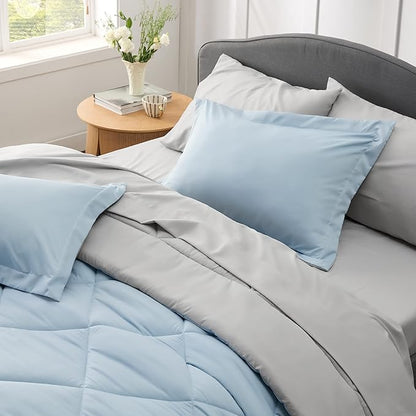 Bedsure Sky Blue King Size Comforter Set - 7 Pieces Reversible King Bed in a Bag King Bed Set with Comforters, Sheets, Pillowcases & Shams, King Bedding Sets
