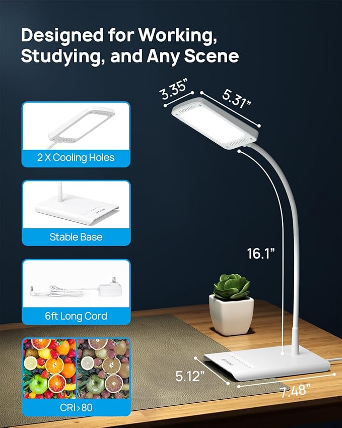 TROND LED Desk Lamp for Home Office, 3 Color Modes 7 Brightness, Dimmable Table Lamp, Eye Caring Reading Light, Gooseneck, Touch Control, 900LM Bright Desk Light for Study Task Dorm Room Essentials