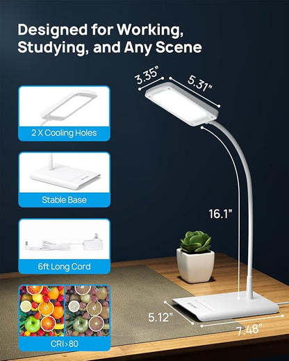 TROND LED Desk Lamp for Home Office, 3 Color Modes 7 Brightness, Dimmable Table Lamp, Eye Caring Reading Light, Gooseneck, Touch Control, 900LM Bright Desk Light for Study Task Dorm Room Essentials