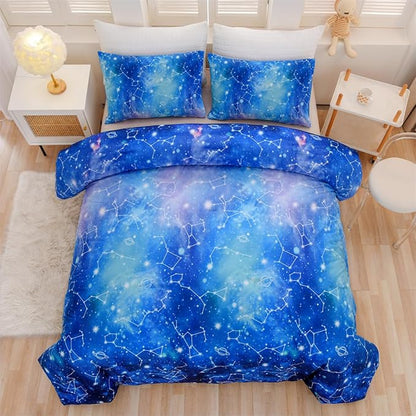 Holawakaka Tie Dye Constellation Print Ombre Comforter Set Full Size Girls Boys Gradient Galaxy Bedding Set (Cyan,Full)