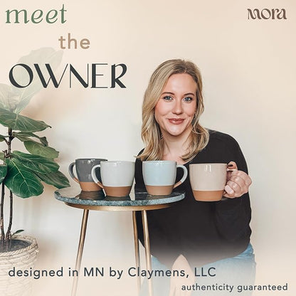 Mora Ceramic Large Latte Mug Set of 4, 16oz - Microwavable, Porcelain Coffee Cups With Big Handle - Modern, Boho, Unique Style For Any Kitchen. Microwave Safe Stoneware - Assorted Neutrals