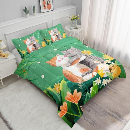 Datura home Cute Cat Kids Comforter Bedding Set for Boys Girls, Watercolor Cat Forest Rabbit and Flower Print Comforter with 2 Pillowcases(Cute Cat Queen)