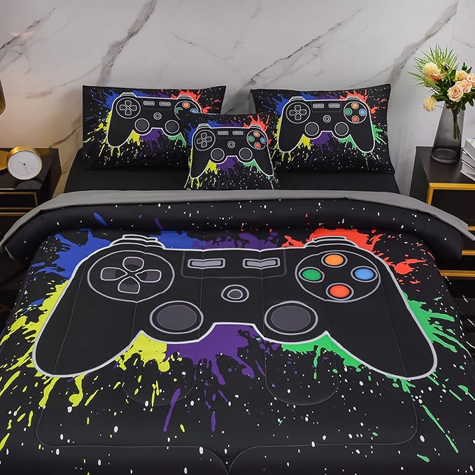 6Pcs Gamer Comforter Set with Sheets for Boys Girls Kids Teens, Colorful Graffiti Gaming Themed Bed in A Bag Full Size, Black 3D Video Game Controller Bedroom Decor Bedding Set