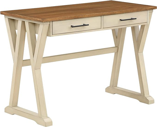 OSP Home Furnishings Jericho Rustic 42 Inch Writing Desk with 2 Drawers and Burnished Decorative Hardware, Antique White