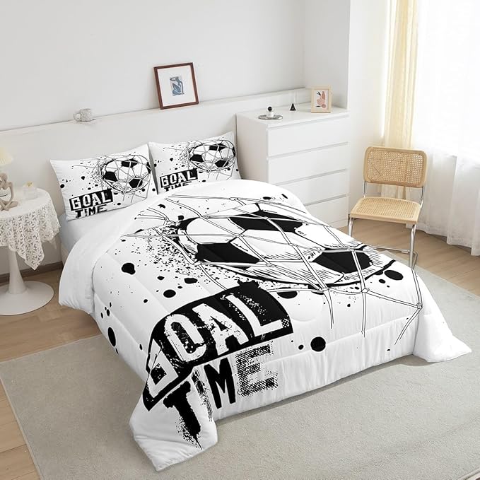 Erosebridal Kids Football Comforter Set Twin Size American Soccer Bedding Set Sports Games Duvet Sets for Boys Girls Children Teens Geometric Polygon Down Comforter for Bedroom, Black White