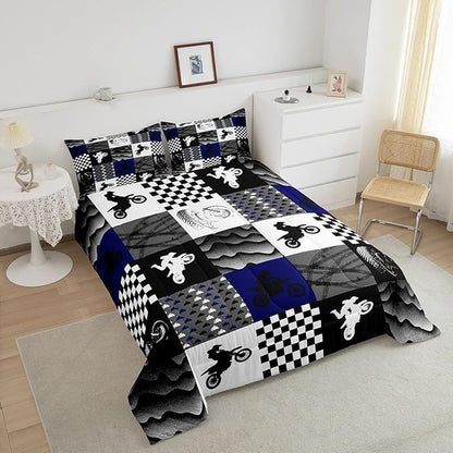 Dirt Bike Comforter Set, Motocross Rider Bedding Comforter Sets King, Motorcycle Grunge Down Comforter for Kids Boys Adult Men, Motorbike Extreme Sport Game Comforter, Buffalo Plaid, Blue Grey Black
