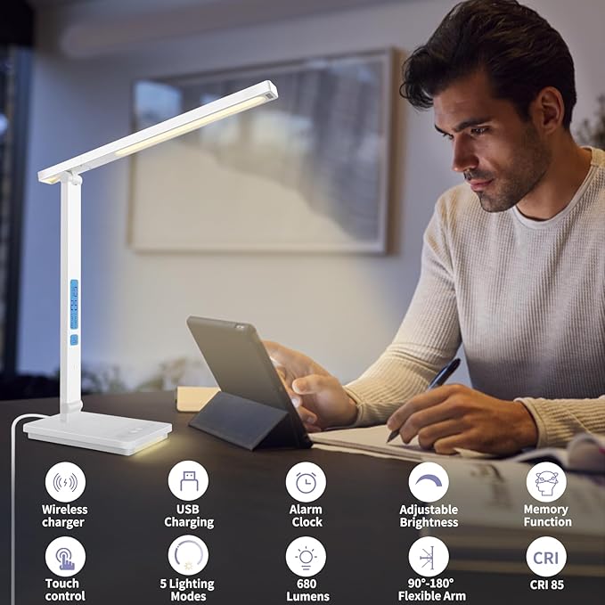10 in 1 Smart Led Desk Lamp, Desk Table Lamp for Home Office, Eye-Caring Office Lamp with Night Lights, Lamp for Desk with 10W Wireless Charger, Dimmable Touch Lamp for Bedroom Reading Study Work