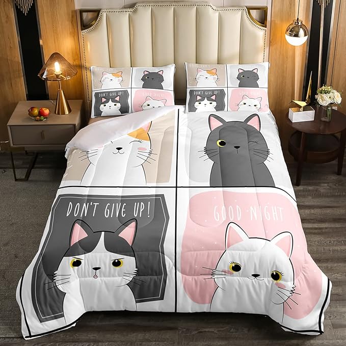 Erosebridal Kawaii Cats Comforter Set Full,Pink Grey Cute Little Cat Down Comforter Adorable Kitten Animal Bedding Set for Kids Boys Girls Patchwork Cartoon Doodle Quilt Duvet Set with 2 Pillow Cases