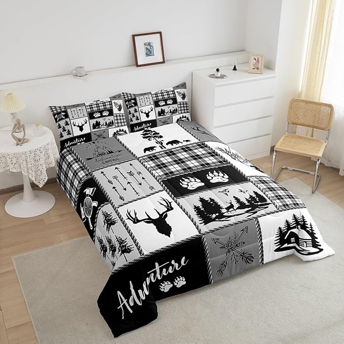 Manfei Deer Bear Comforter Set Twin Size,Pine Trees Christmas Bedding Set for Kids Boys Girls Adults Room Decor,Camping Adventure Rustic Farmhouse Down Comforter,Black Retro Duvet Insert,1 Pillowcase
