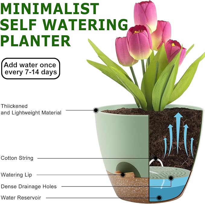 Plant Pots 12/10/9 Inch Self Watering Pots, Set of 3 Plastic Planters with Drainage Holes and Saucers,Plastic Flower Pots,Nursery Planting Pot for Indoor Out Door Plants(Green)