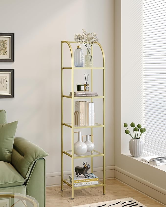 Bookcase Bookshelf, Tempered Glass Arched Bookshelf for More Storage, Slim Shelving Unit for Bedroom, Bathroom, Home Office, Steel Frame, 5 Tier Gold BC20599G