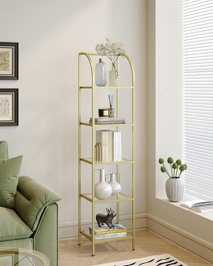 Bookcase Bookshelf, Tempered Glass Arched Bookshelf for More Storage, Slim Shelving Unit for Bedroom, Bathroom, Home Office, Steel Frame, 5 Tier Gold BC20599G