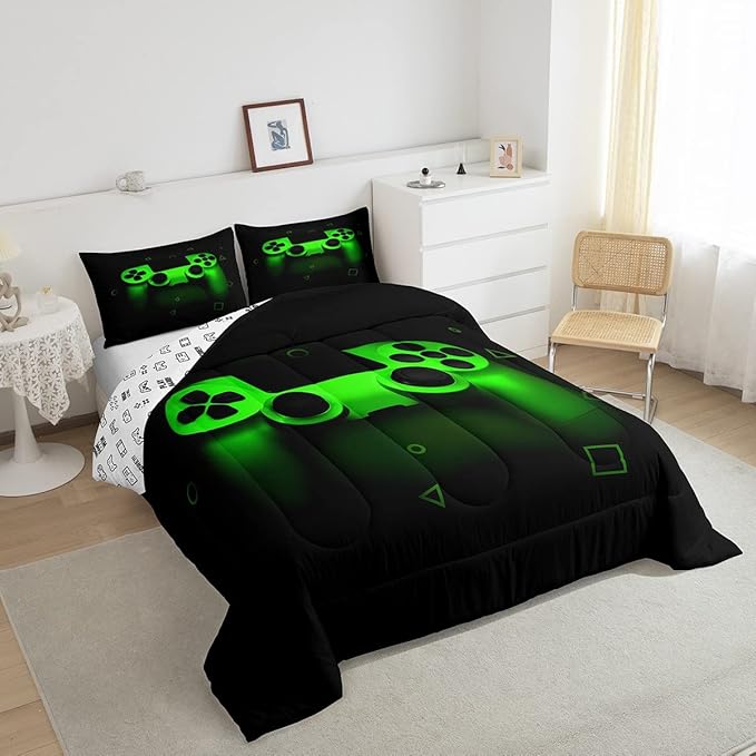 Gamer Comforter Set For Boys Full,Gaming Bedding Comforters For Kids Teens Men Game Room Decor,Video Game Down Comforter Reversible Retro Green Gamepad Controller Quilt Duvet Sets Home Decor 3 Pcs