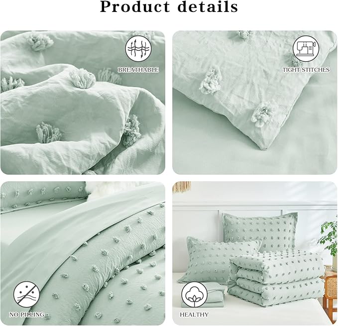 7 Pieces Tufted Dots Bed in a Bag Queen Comforter Set with Sheets Green , Soft and Embroidery Shabby Chic Boho Comforters, Solid Color with Pom Pom Design, Jacquard Tufts Bedding Set for All Season