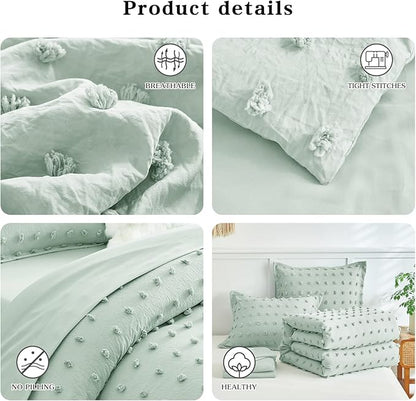 7 Pieces Tufted Dots Bed in a Bag King Comforter Set with Sheets Green , Soft and Embroidery Shabby Chic Boho Comforters, Solid Color with Pom Pom Design, Jacquard Tufts Bedding Set for All Season