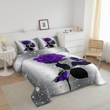 3D Rose Comforter Set Rose Floral Print Bedding Set Romantic Flowers Comforter for Kids Boys Girls Children Teens Bedroom Decor Purple Rose Butterfly Duvet Set Full Size Quilt Set with 2 Pillow Case