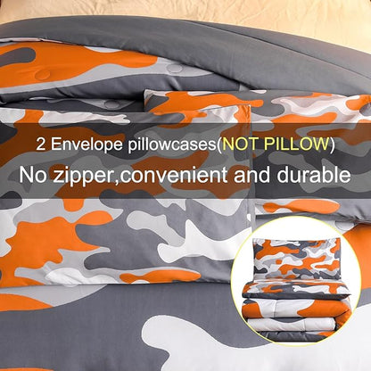Meeting Story Camouflage Bedding Set, Colorful Pattern Style Comforter Set, 5 PCS One Comforter Two Pillowcases Two Sheets in One Bag, All Season Bedspread for Teens Adults (Orange, Full 5Pcs)