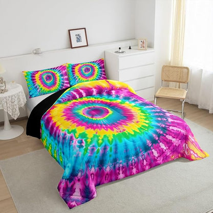 2 Piece Rainbow Tie Dye Comforter Set with 1 Pillowcase Boho Psychedelic Bedding Set for Kids Girls Teens Bohemian Gypsy Exotic Spiral Quilted Duvet Soft Comfy, Watercolor Art Down Comforter,Twin