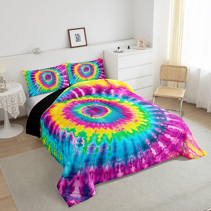 3 Piece Rainbow Tie Dye Comforter Set with 2 Pillowcases Boho Psychedelic Bedding Set for Kids Girls Teens Bohemian Gypsy Exotic Spiral Quilted Duvet Soft Comfy, Watercolor Art Down Comforter,Queen
