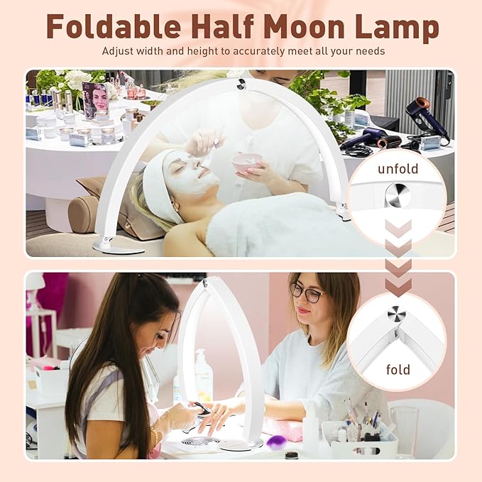 HITTI Half Moon Light for Nail Desk with Phone Holder, Foldable Nail Tech Light, Lash Table Lamp with Wire Controller & Remote, 7 Color Modes 10 Brightness for Extension Tattoo Craft Beauty - White