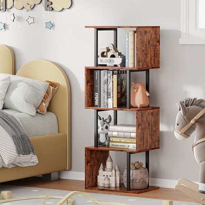 Furologee 5-Tier Bookshelf, S-Shaped Geometric Bookcase, Narrow Freestanding Display Shelves, Modern Wood Decorative Storage Shelving Rack for Bedroom, Living Room, Home Office, Rustic Brown